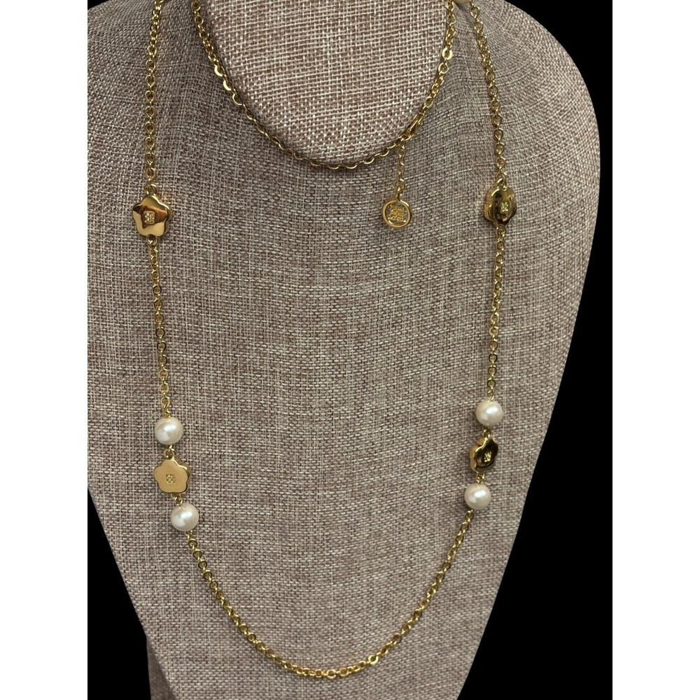 Givenchy Gold Tone Faux Pearl Flower Station Necklace 40 Inch Long Logo Charms - Picture 9 of 13